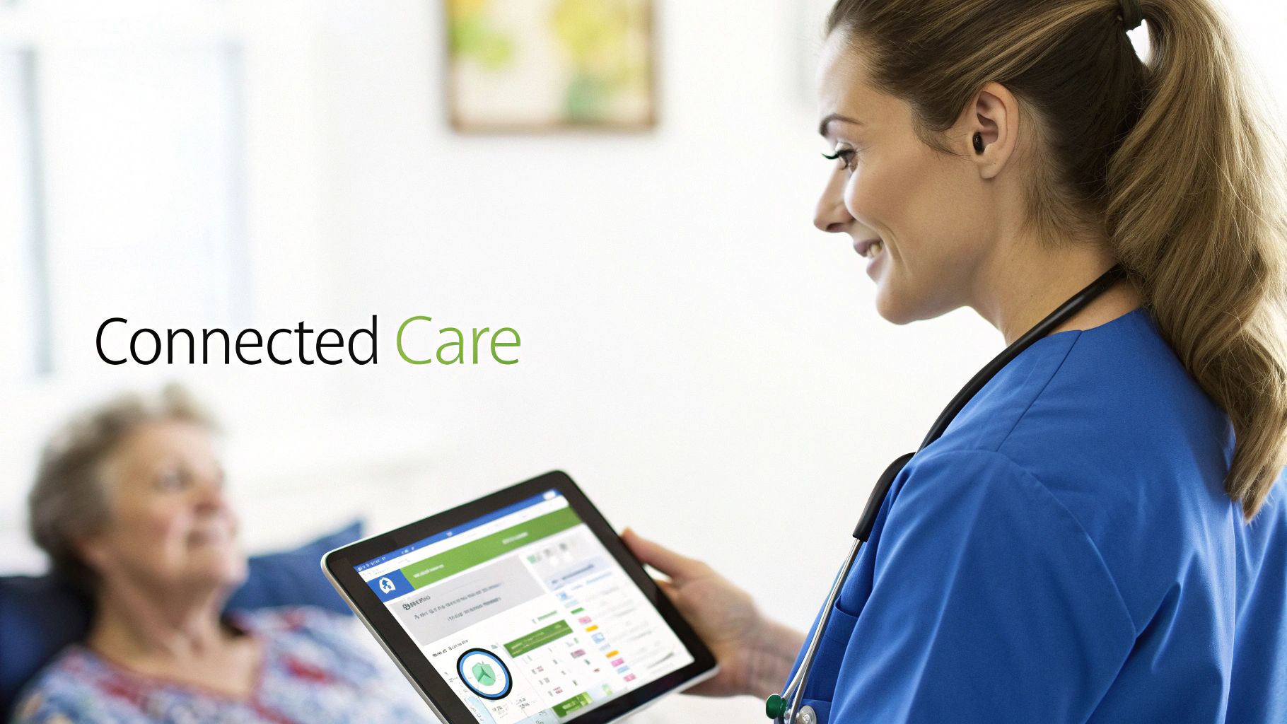 A doctor using a tablet to review patient data, demonstrating modern patient care technology.