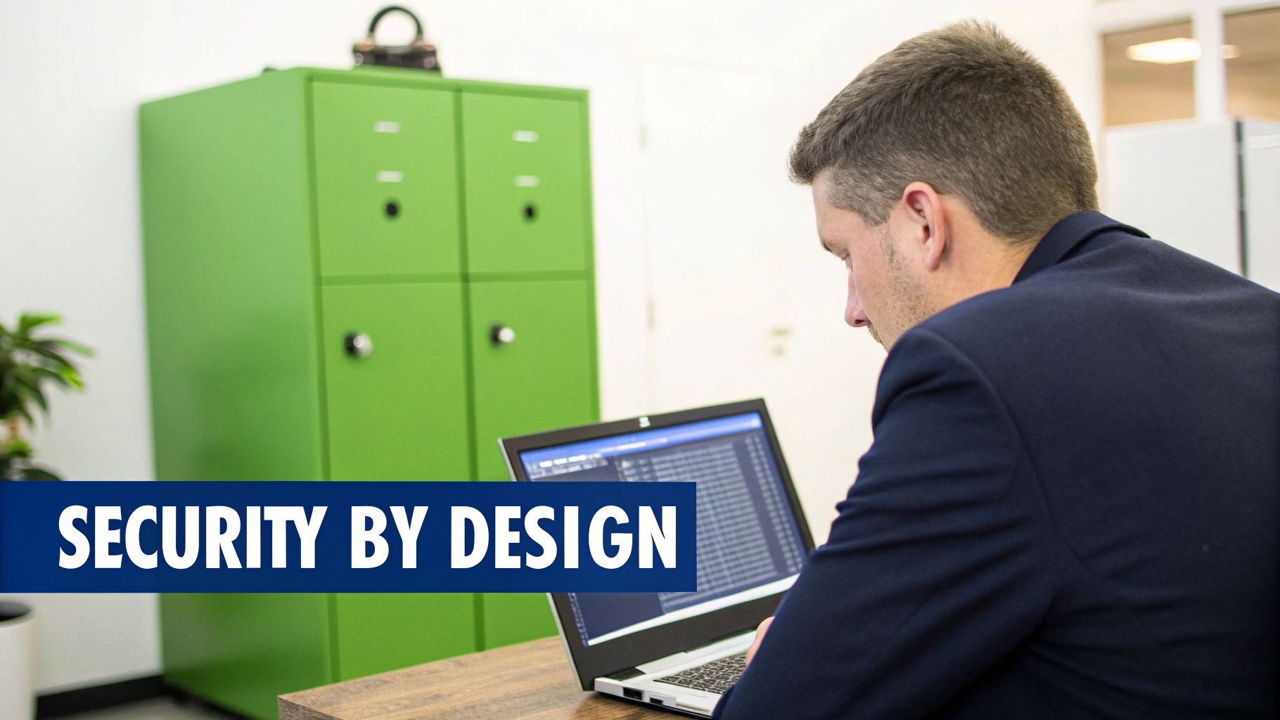 Professional man working on laptop reviewing security protocols in modern office with green lockers