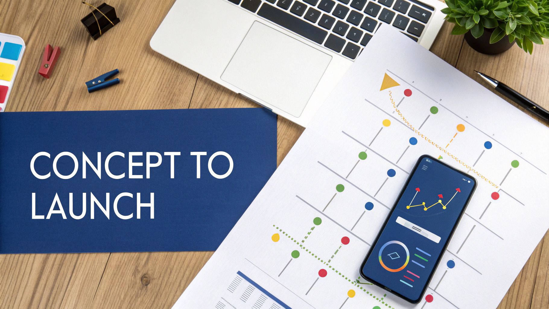 Overhead view of a business desk with 'CONCEPT TO LAUNCH' sign, laptop, and smartphone displaying a growth chart.
