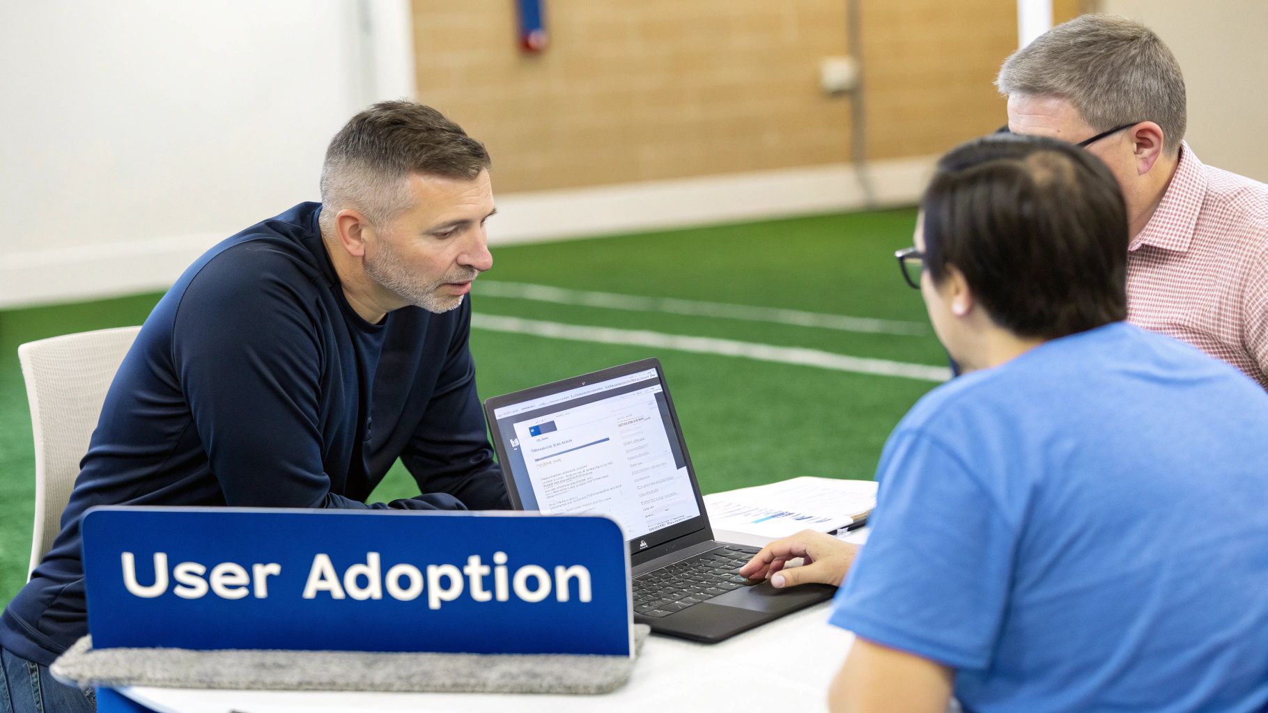 A group of insurance agents in a modern office, engaged in a training session on a new software platform displayed on a large screen.