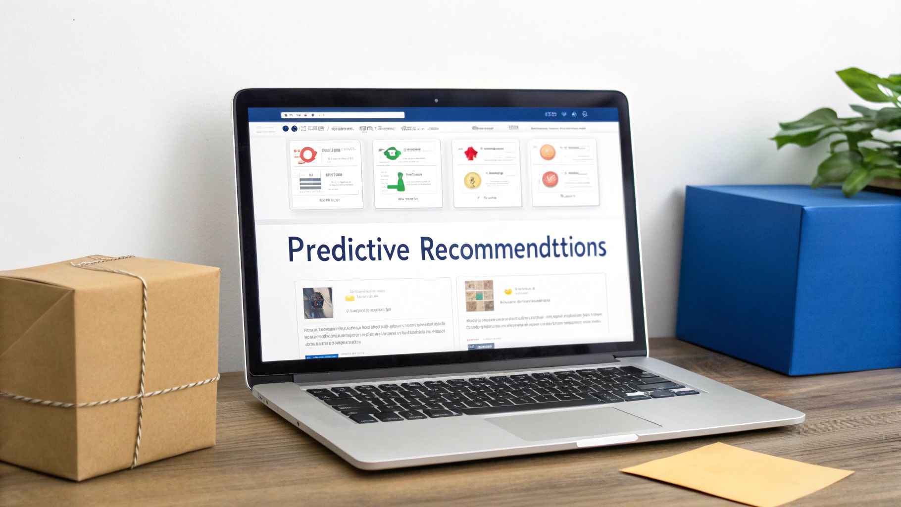 A laptop screen showing a webpage with 'Predictive Recommendations' and various data cards.