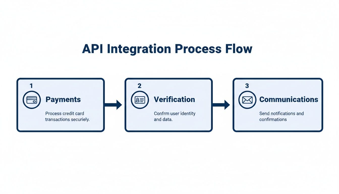An API integration process flow diagram detailing steps for payments, user verification, and communications.