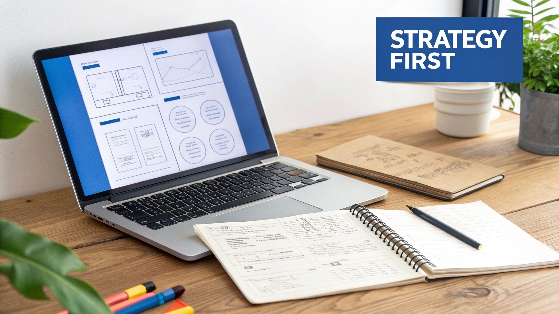 A laptop displaying web design layouts and charts, alongside notebooks and pens on a wooden desk, with a 'STRATEGY FIRST' banner.