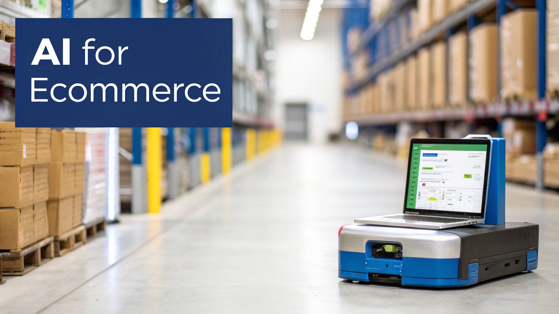 Automated robot with a laptop in a large warehouse, showcasing AI solutions for e-commerce.