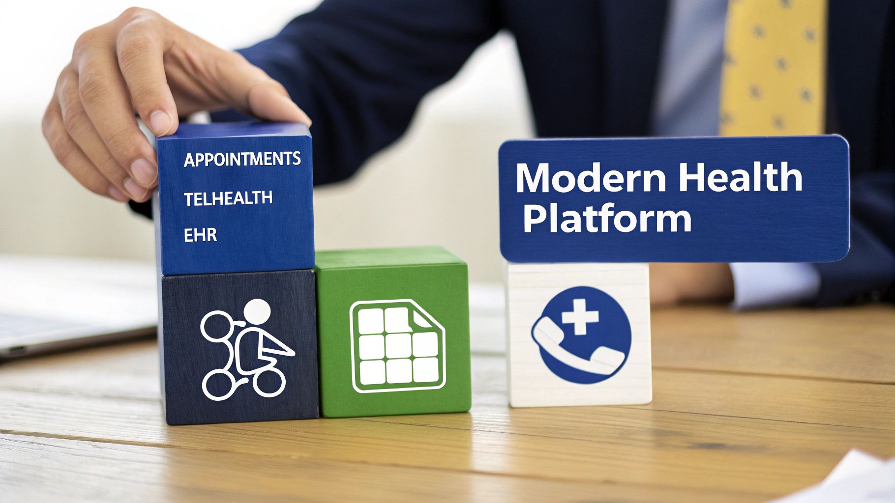 A digital illustration showing interconnected modules of a healthcare platform.