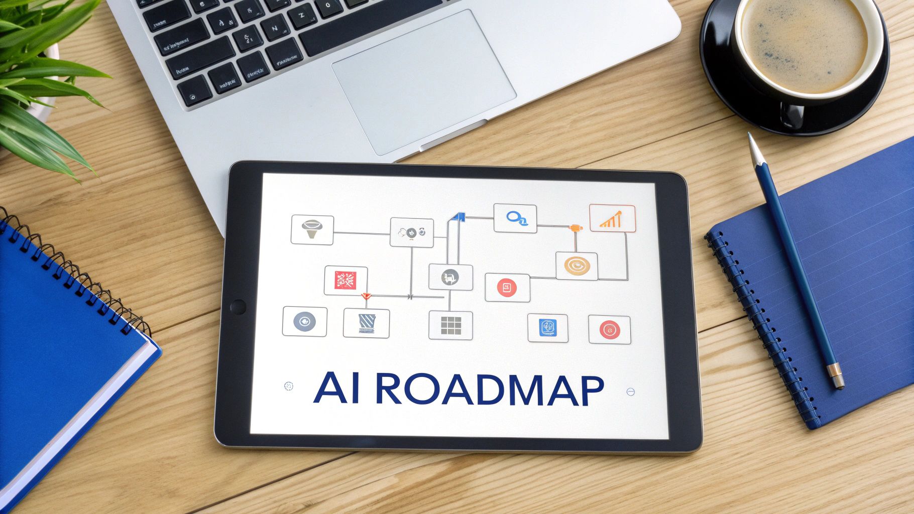 Top-down view of a tablet displaying an AI roadmap on a wooden desk with office supplies.