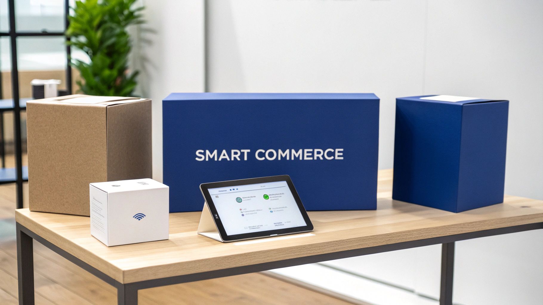 A table displays smart commerce packaging, a tablet with an interface, and various product boxes.