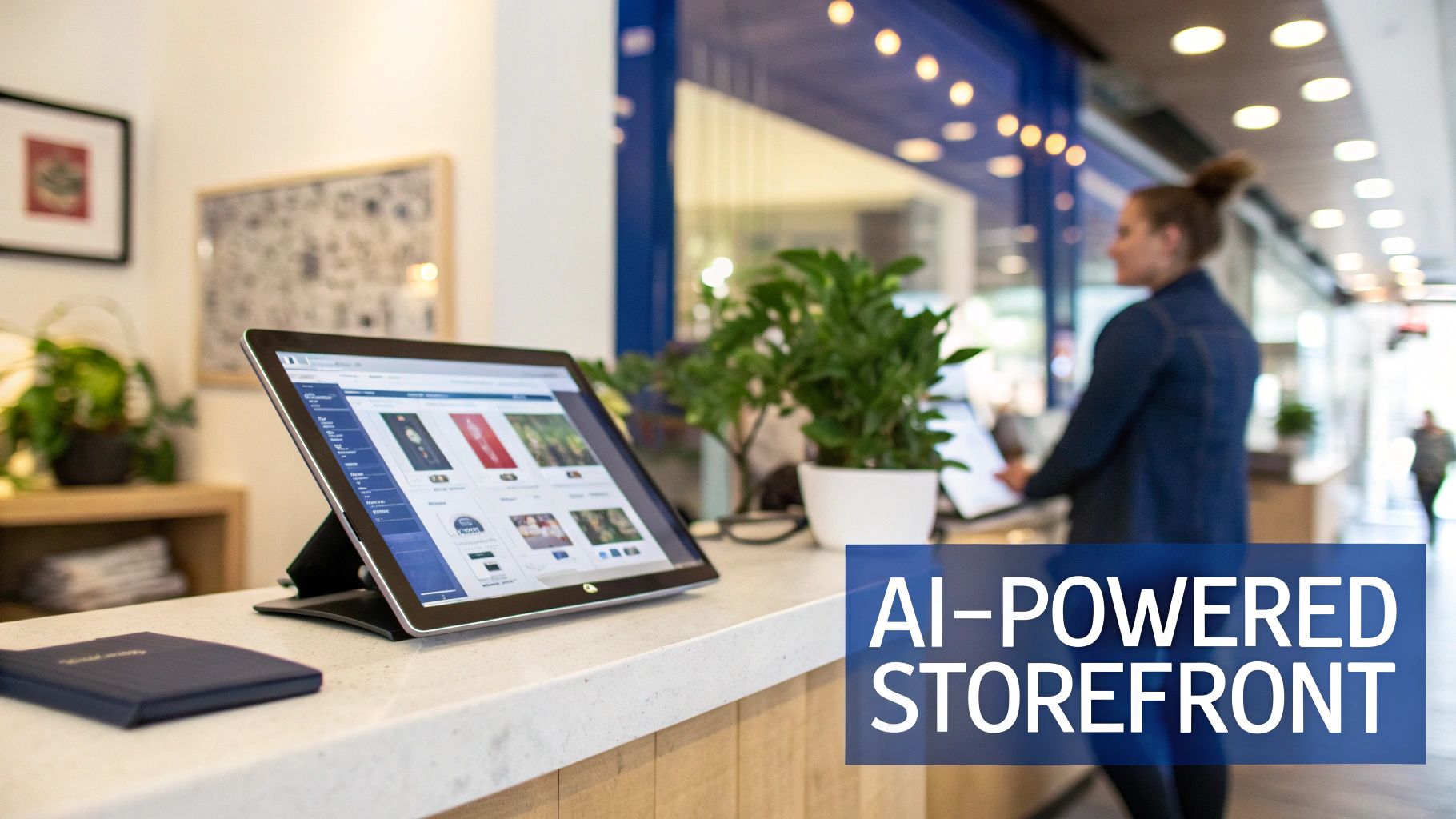 A tablet showing an AI-powered e-commerce storefront display on a modern retail counter.