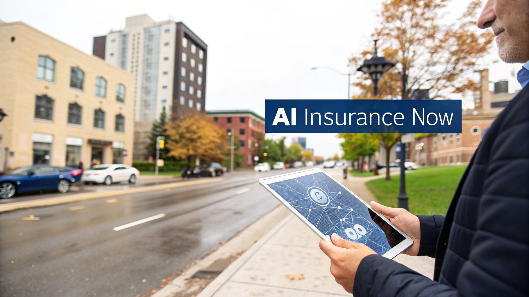 Professional using tablet with AI insurance technology interface on urban street in Canada
