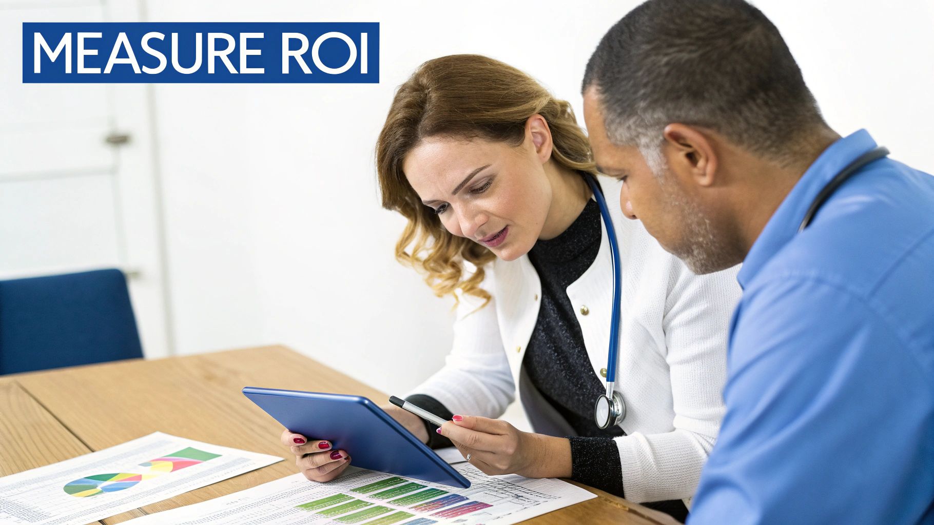 Healthcare professionals analyze data on a tablet and documents to measure ROI.