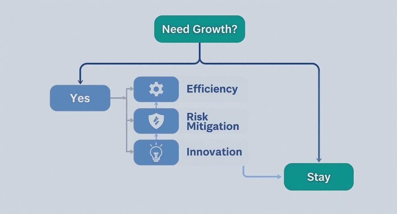 This decision tree infographic helps businesses determine their primary need for hiring IT consultants, branching from 'Need Growth?' to key areas like Efficiency, Risk Mitigation, and Innovation.