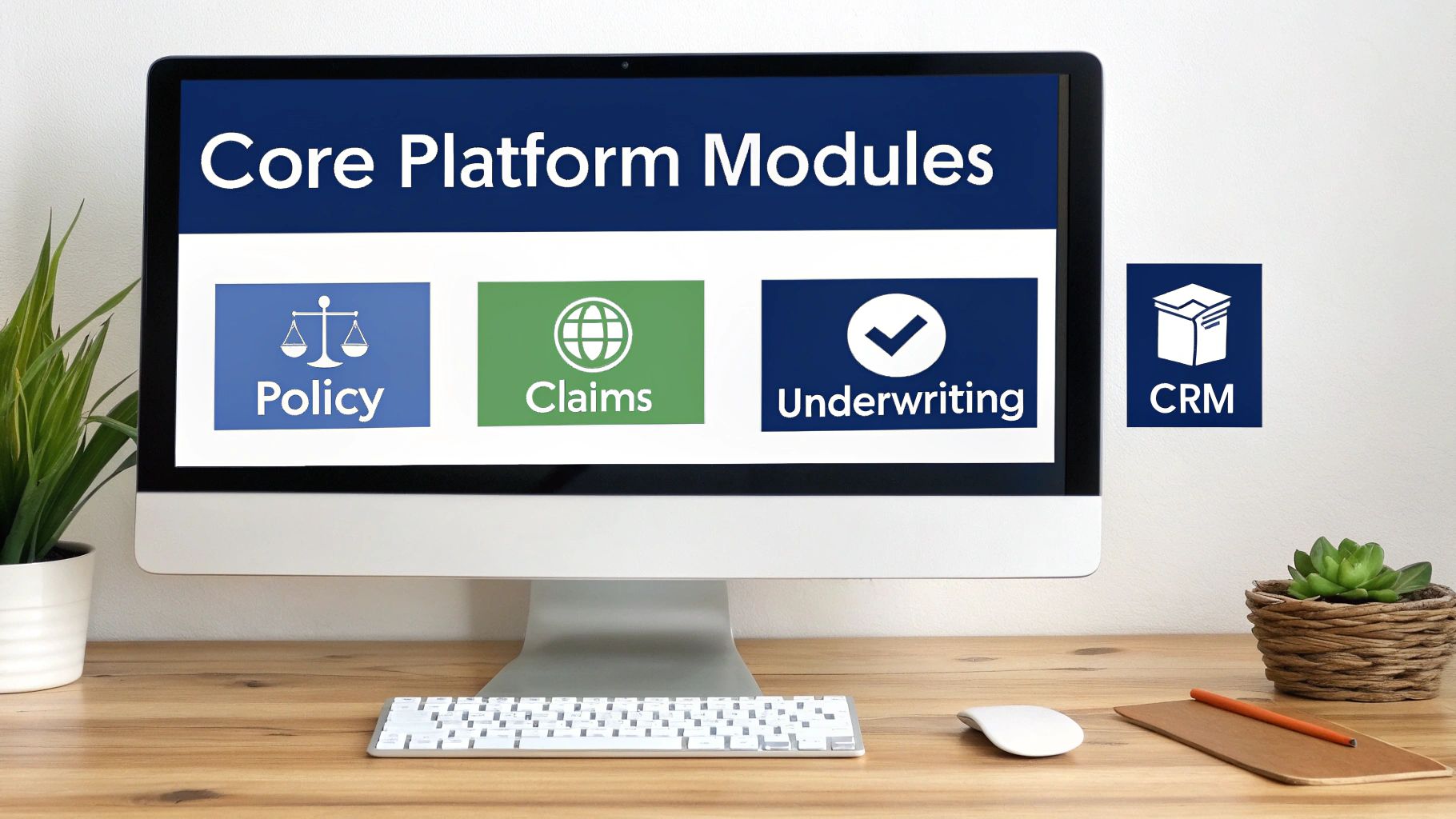 A diagram showing the interconnected core components of a custom insurance platform, such as policy administration, claims management, and underwriting, all orbiting a central data hub.