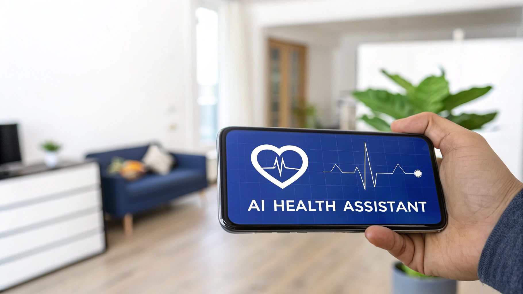 A hand holds a smartphone displaying 'AI HEALTH ASSISTANT' with a heart and ECG on a blue screen.