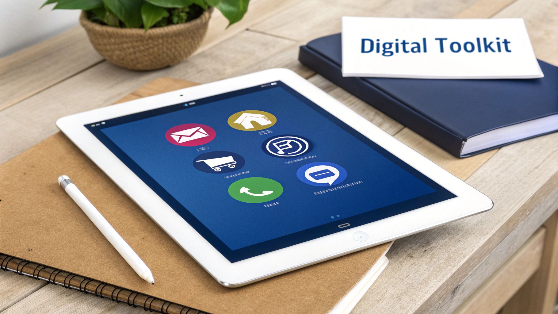 White tablet on a notebook displaying various app icons, with a 'Digital Toolkit' card nearby.