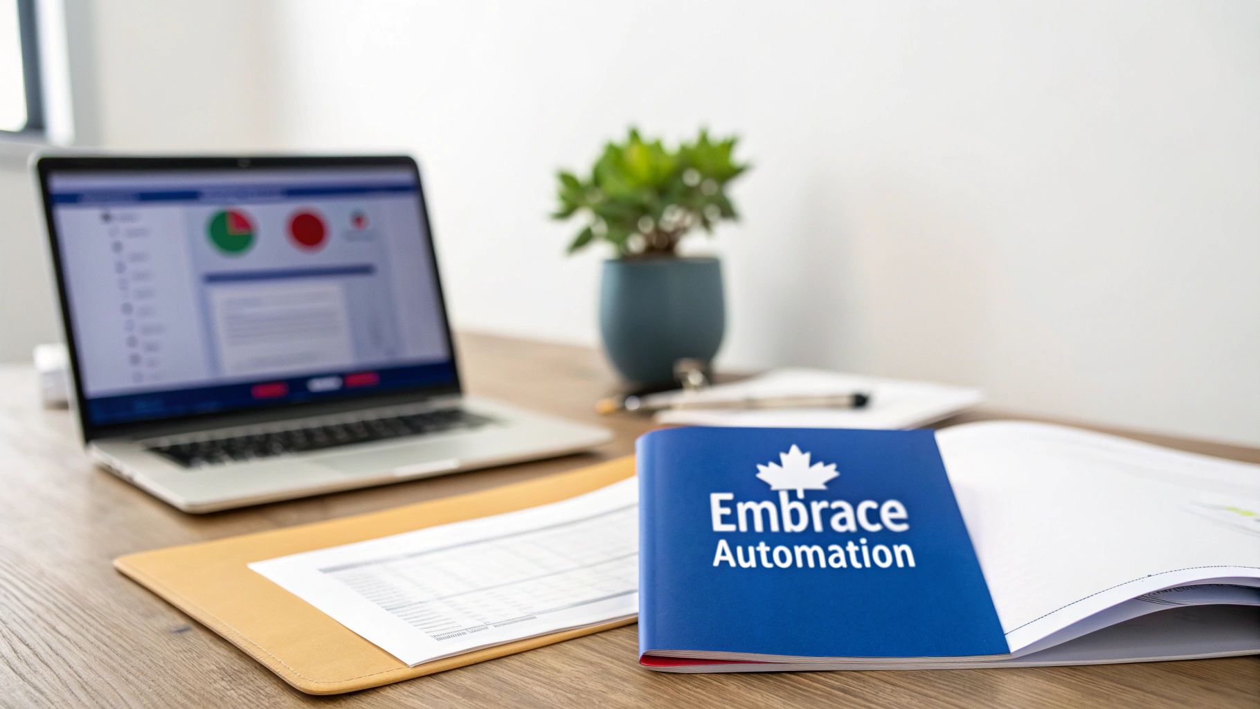 A modern office setting with professionals collaborating around a screen, symbolizing the shift to automation.