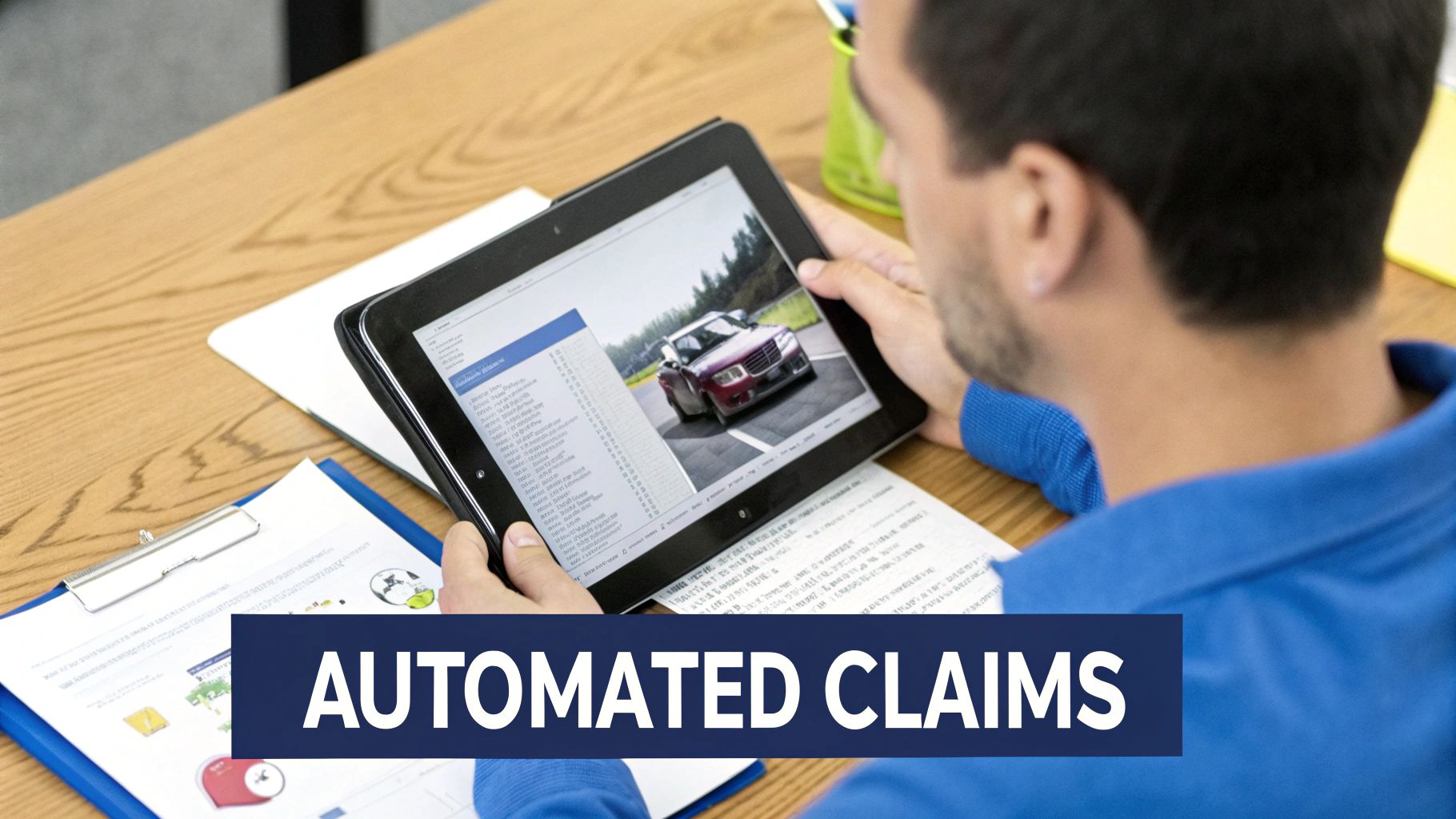 A person views a tablet displaying a car image and data related to automated claims.