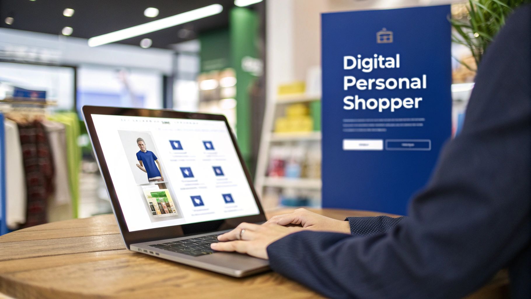 Person using a laptop for a digital personal shopper service in a modern retail store.
