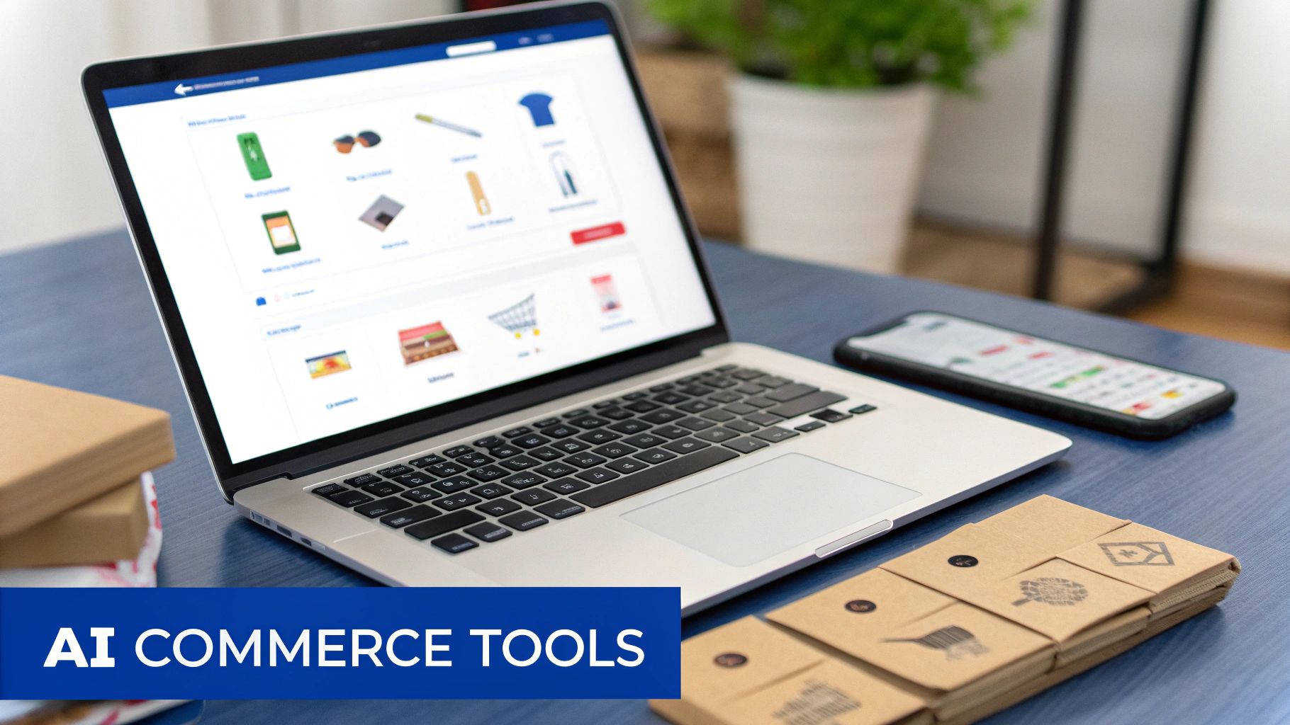 A laptop shows an e-commerce site with product icons, a smartphone, and packages, symbolizing AI commerce tools.