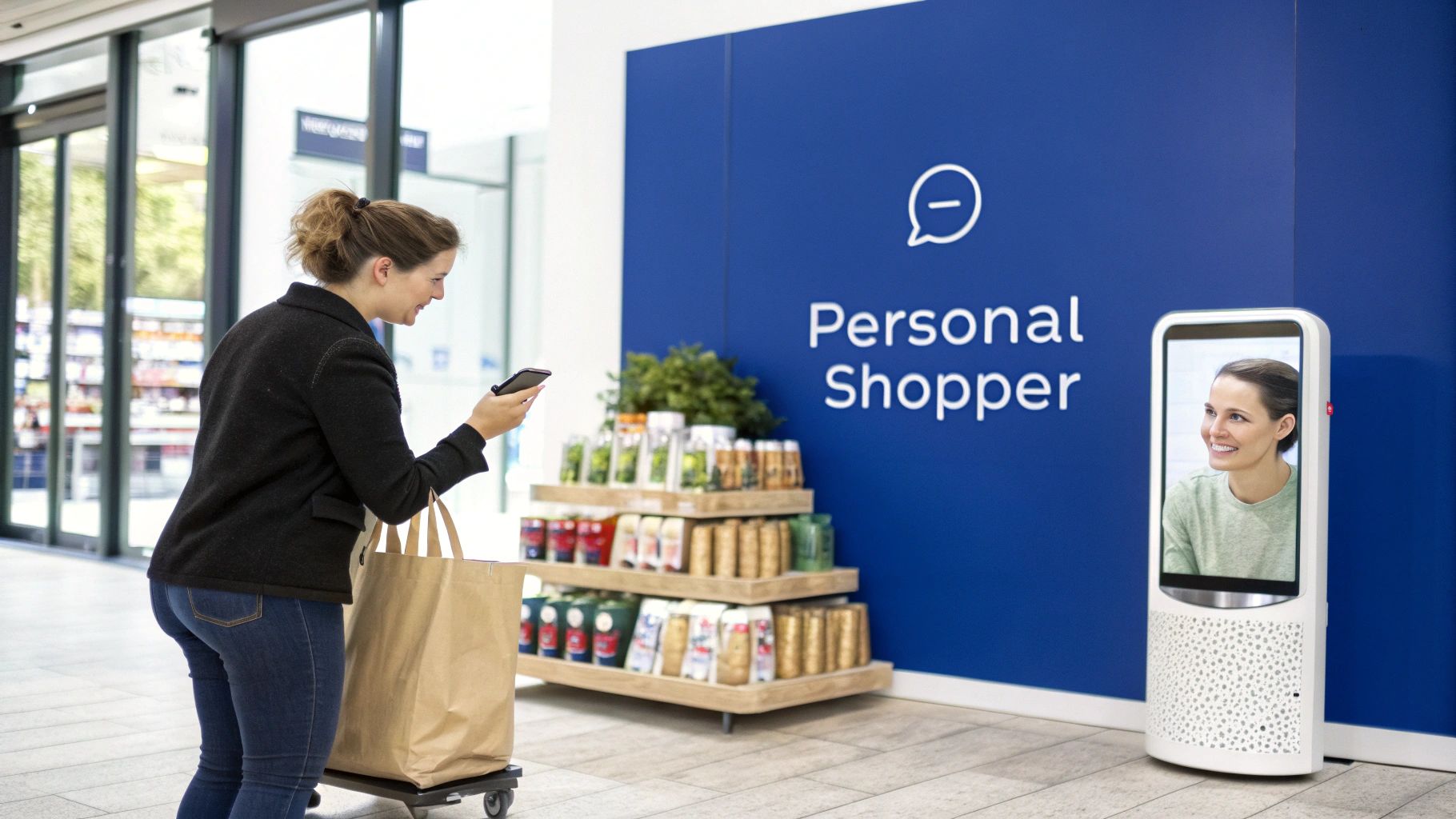 Smiling woman with shopping bag interacting with virtual personal shopper display.