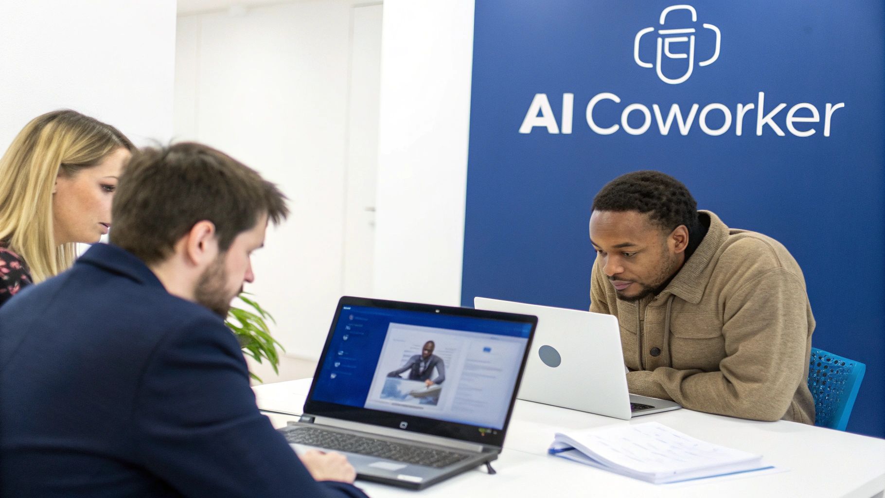 Three colleagues working on laptops in a modern office with an "AI Coworker" sign.