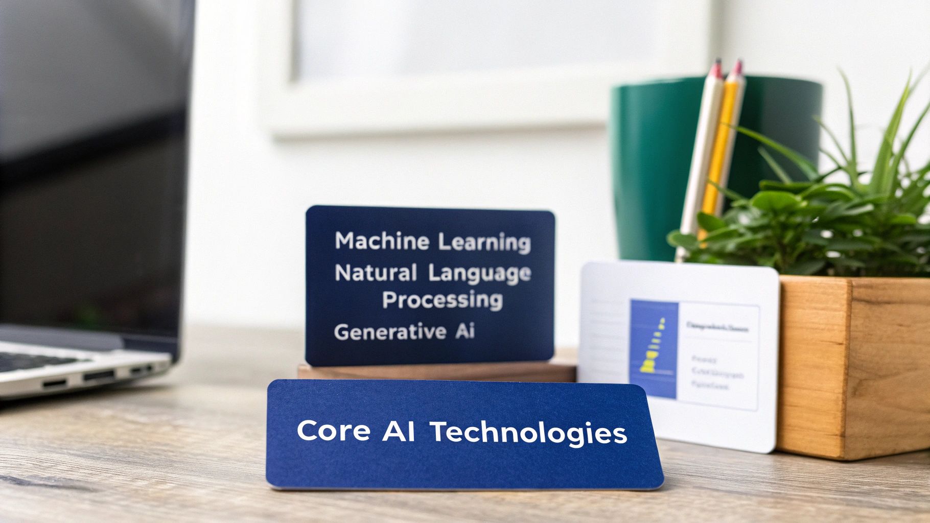 Desk setup with cards detailing Core AI Technologies like Machine Learning, NLP, and Generative AI.