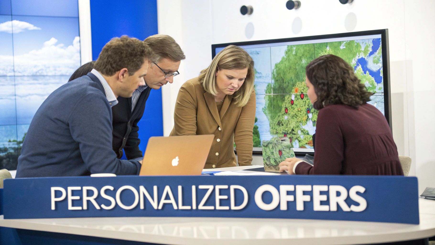 Business team discusses personalized offers in a modern meeting room with screens.
