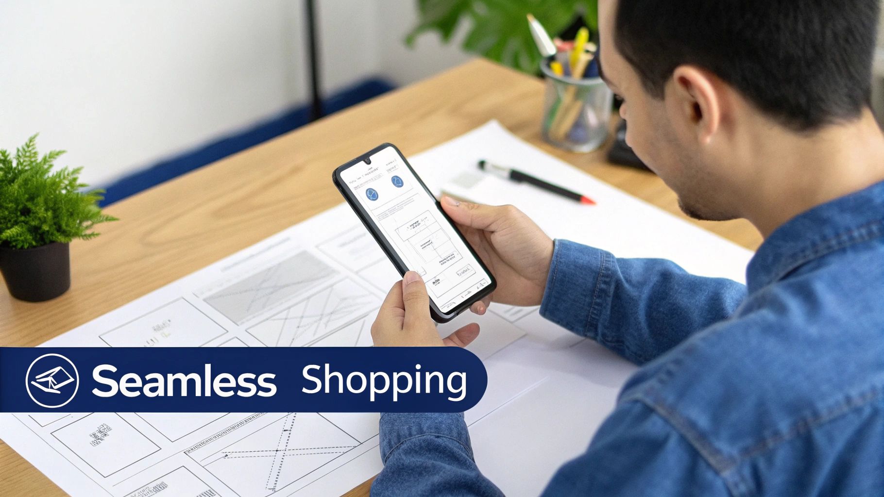 A person reviewing a mobile app wireframe on a smartphone, sitting at a desk with design blueprints.