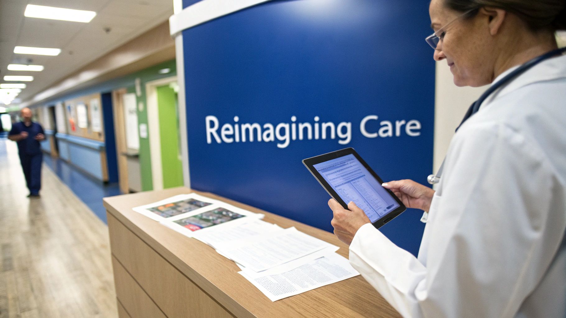 A female doctor reviews patient information on a tablet in a modern hospital hallway with a 'Reimagining Care' sign.