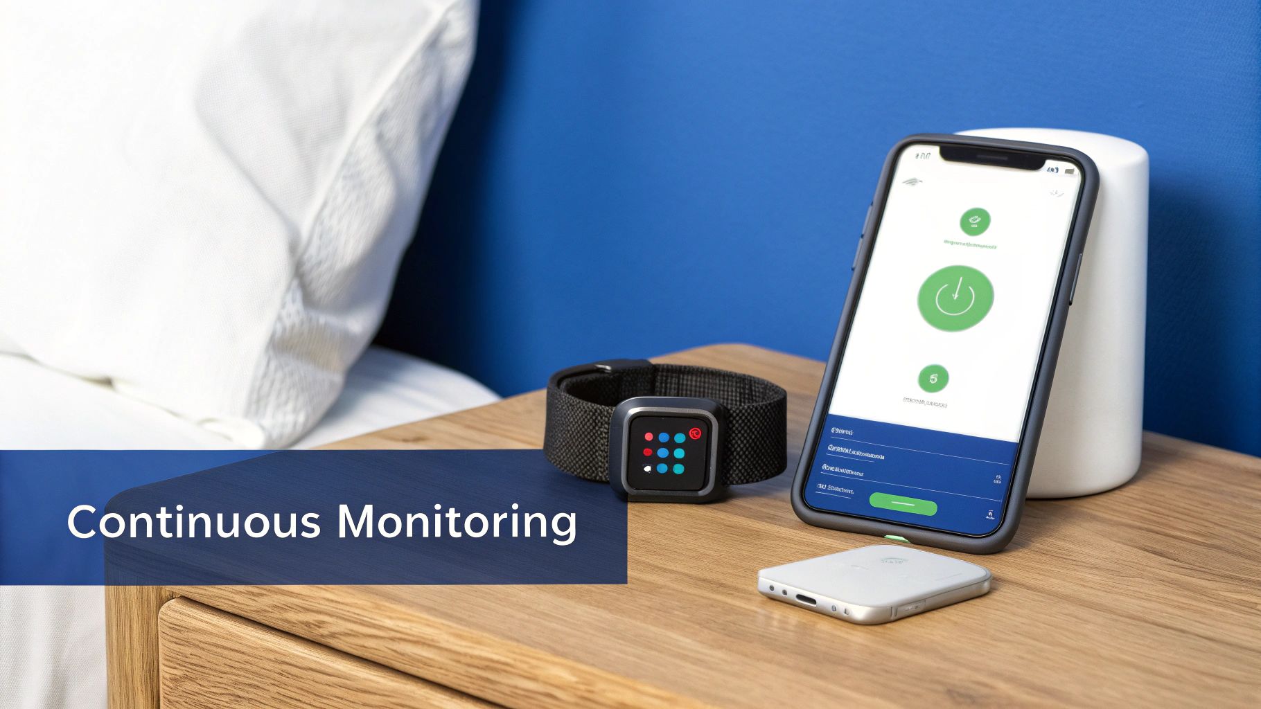 A smartphone and smartwatch on a bedside table display continuous monitoring apps for healthcare.