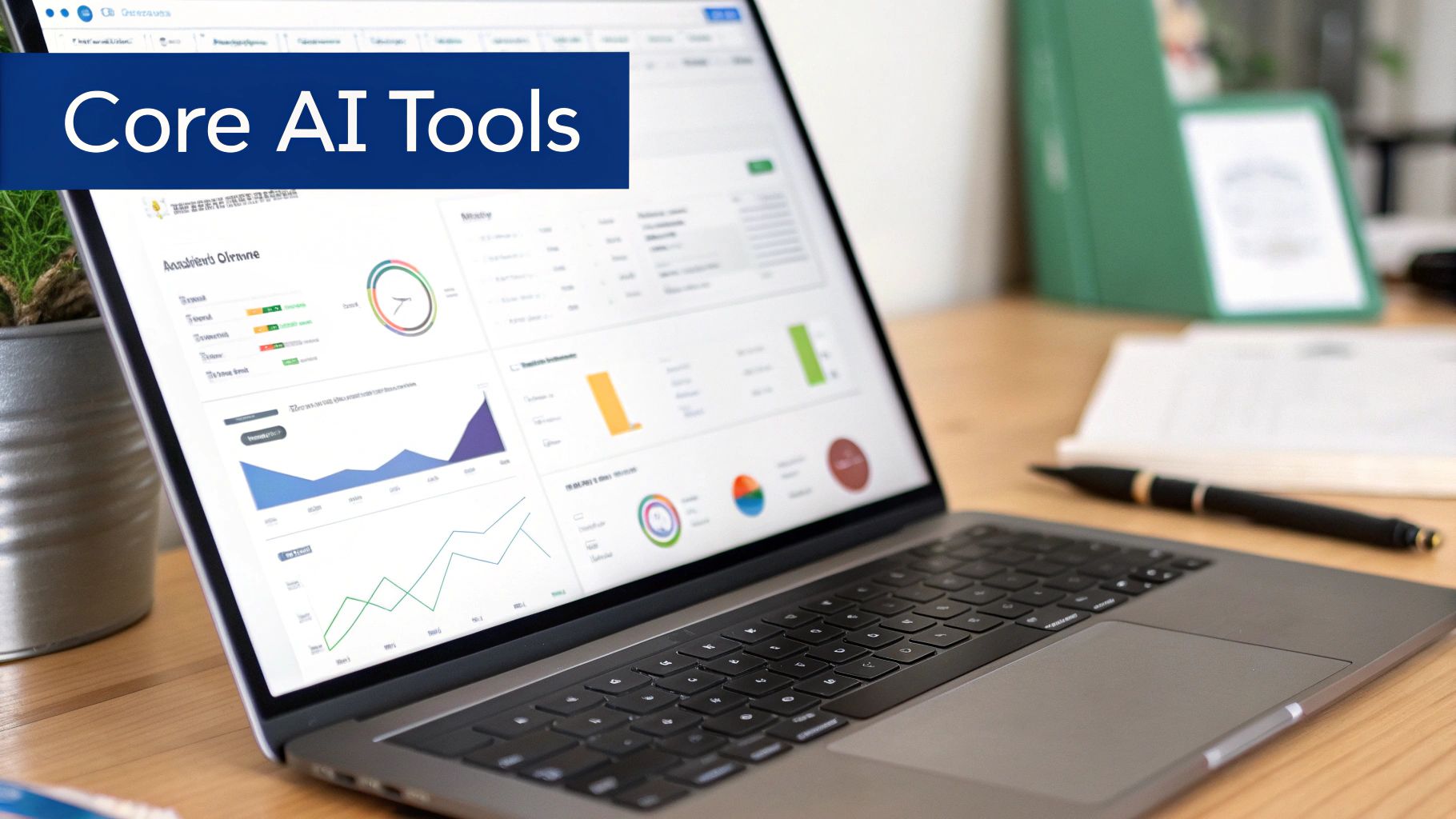 A laptop displaying data dashboards and charts, with a blue banner reading 'Core AI Tools'.