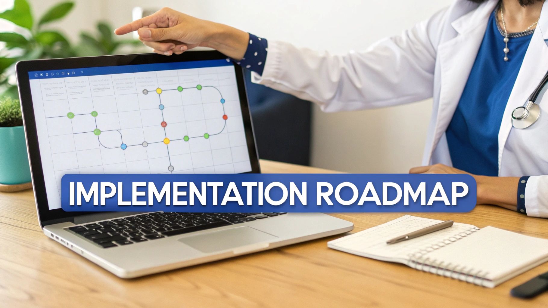 A doctor points at a laptop displaying an implementation roadmap, with a notebook on a desk.