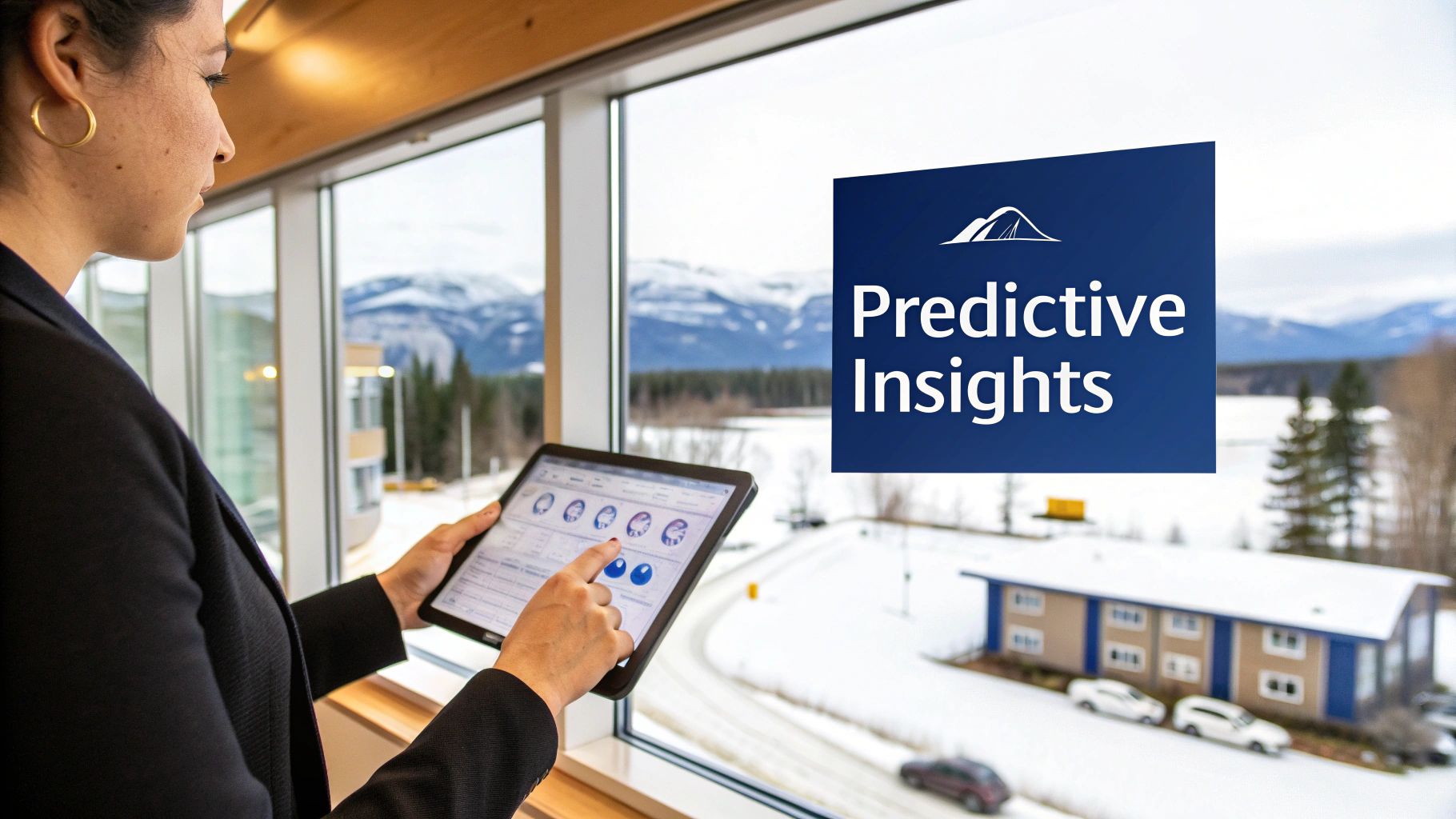 A futuristic dashboard showing data visualizations and predictive charts, symbolizing advanced analytics in insurance.