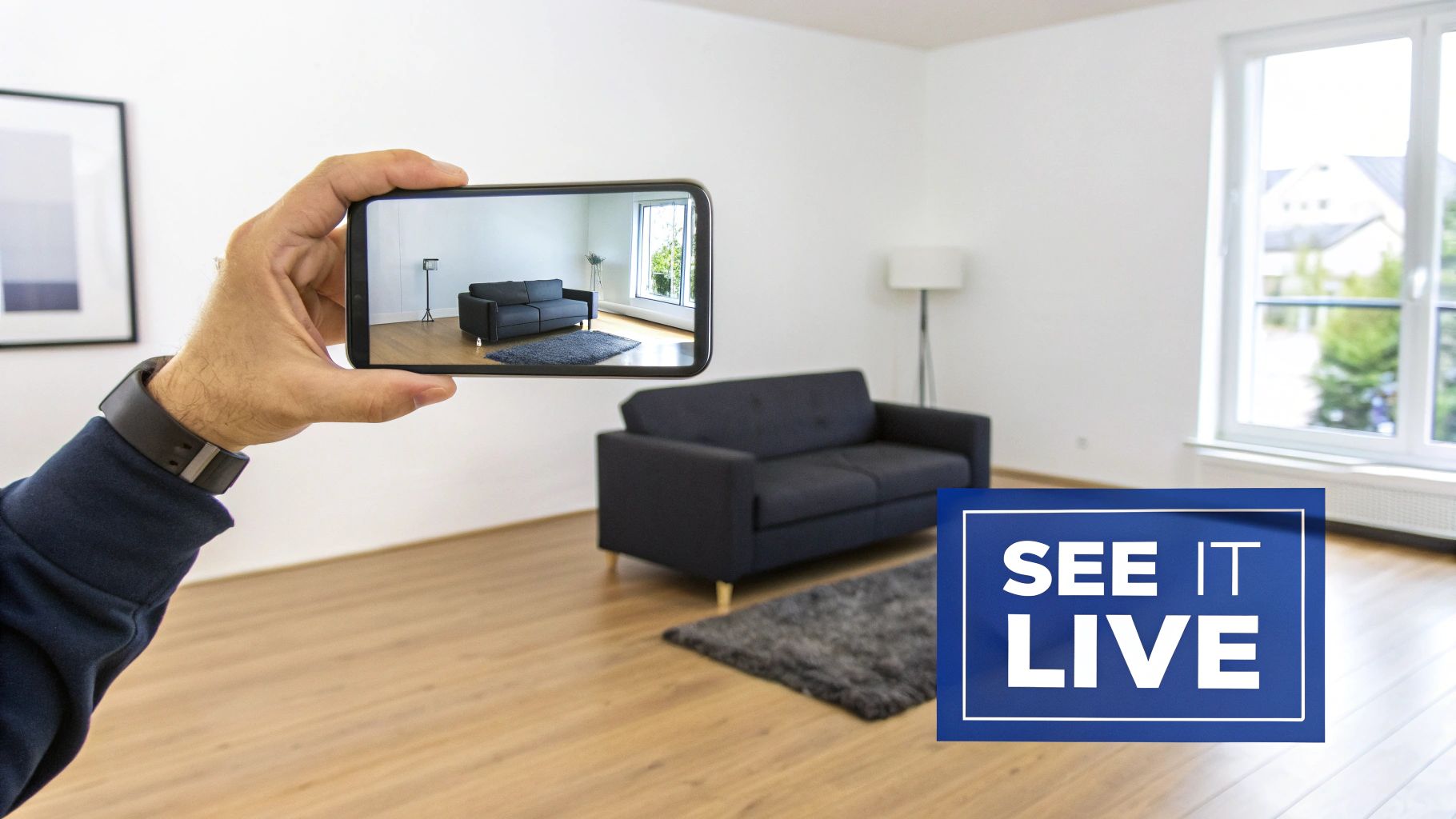 A person using a smartphone to virtually place a piece of furniture in their living room, demonstrating augmented reality in ecommerce.