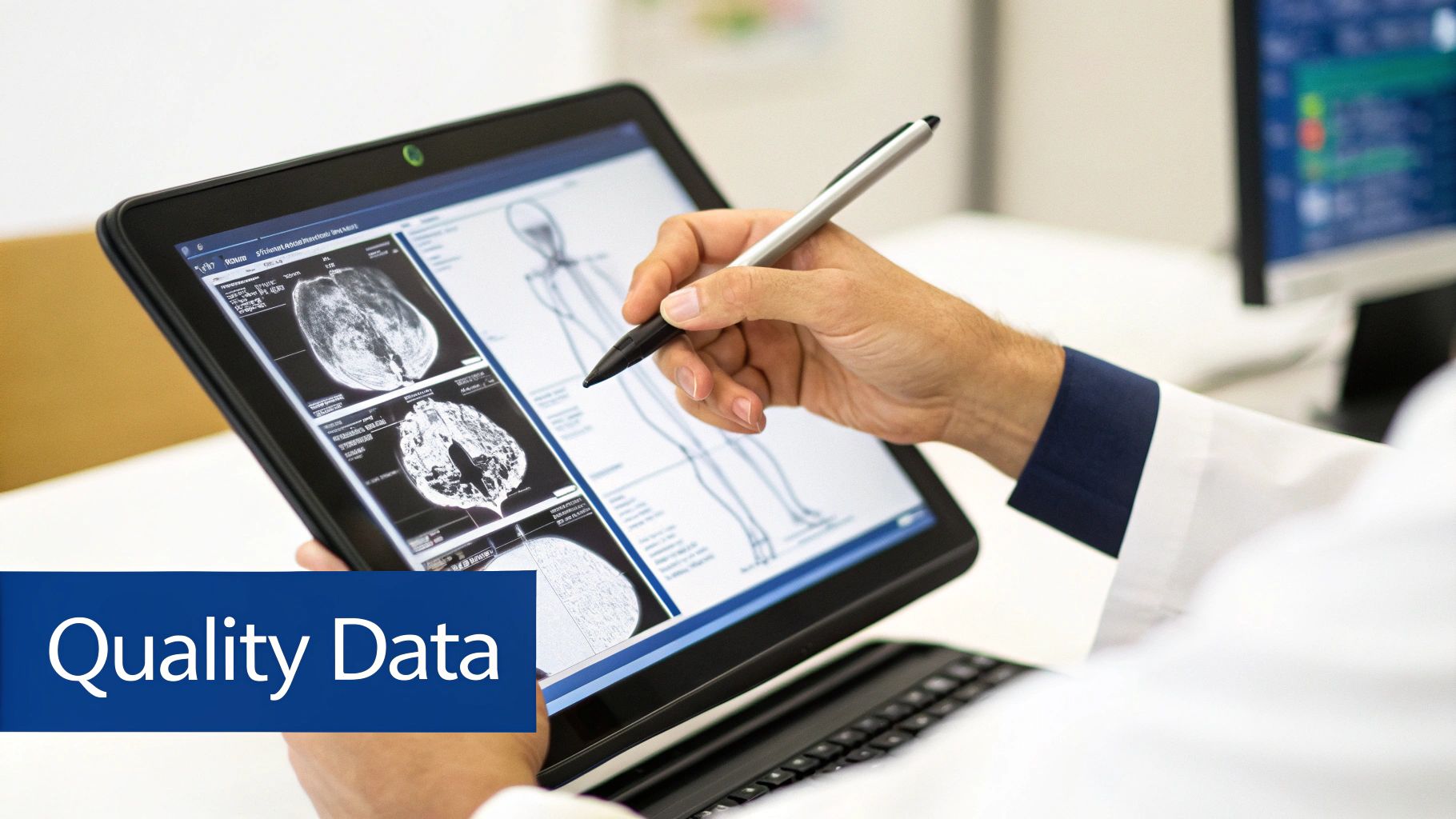 A doctor in a lab coat reviews brain scans and medical data on a tablet with a stylus.
