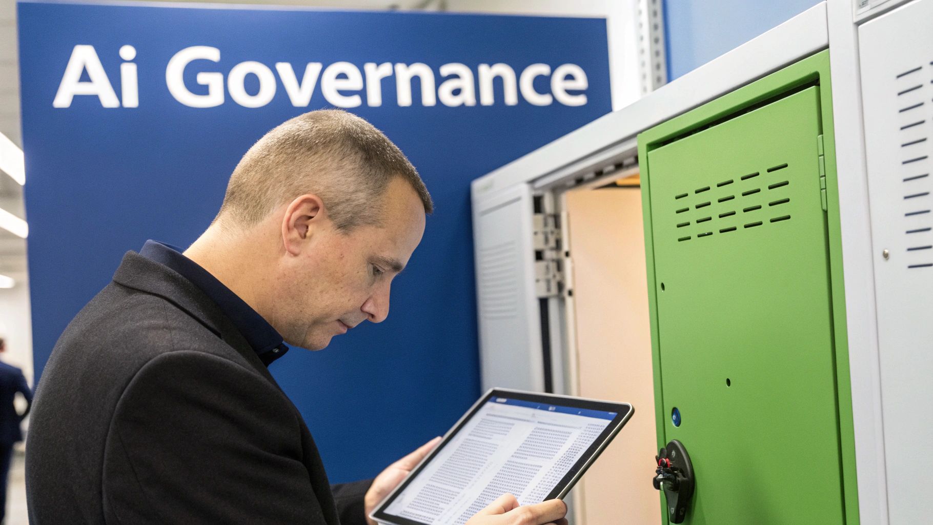 A man reviews data on a tablet in front of an 'AI Governance' wall and green lockers.