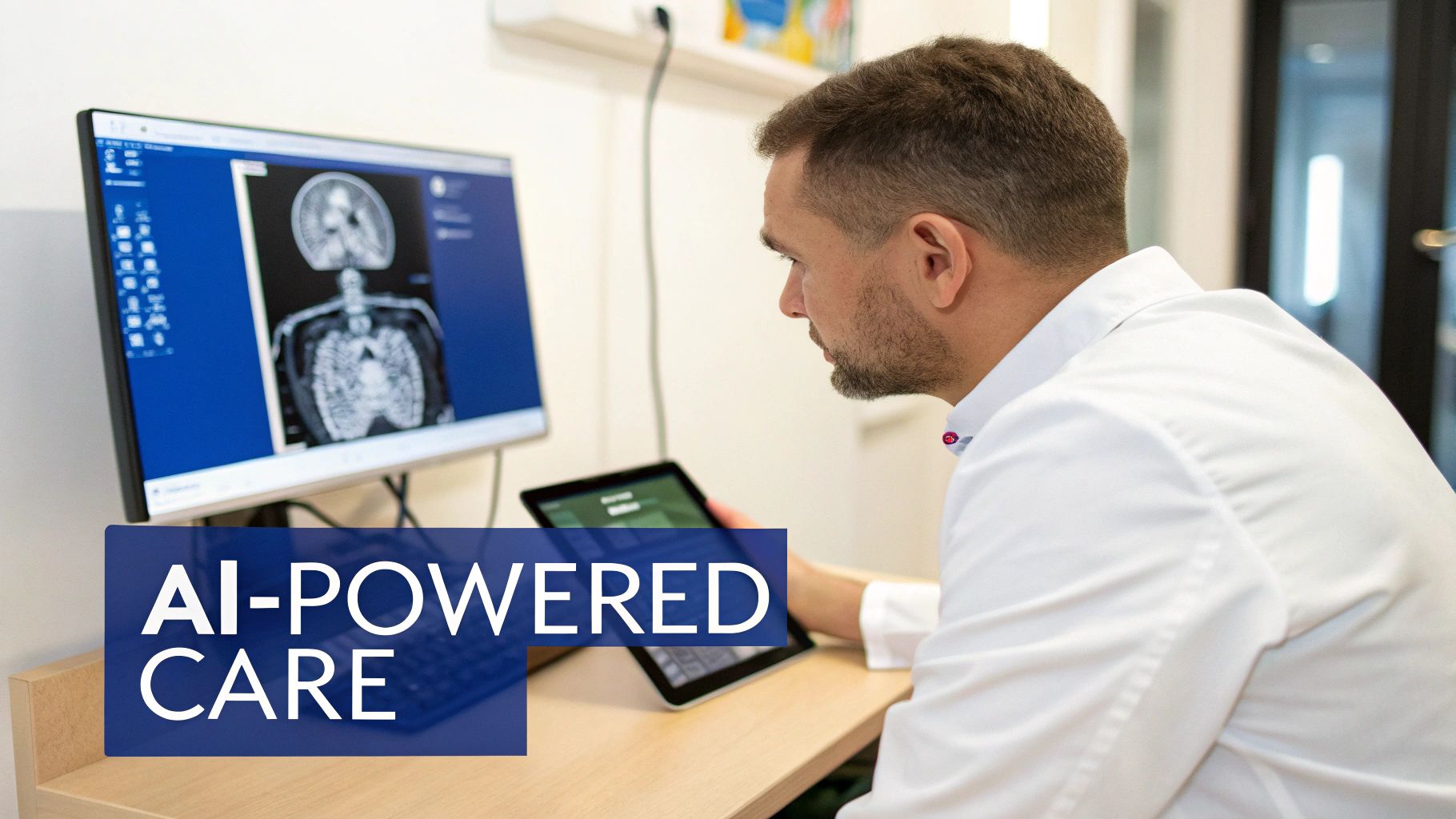 Healthcare professional reviews AI-powered medical scans on a computer and tablet for enhanced care.