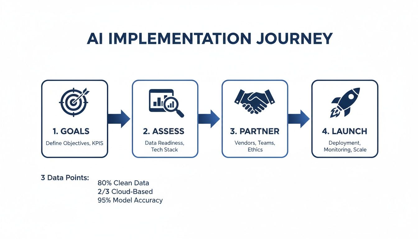 A four-step AI implementation journey flowchart detailing goals, assessment, partnerships, and launch phases with key data points.