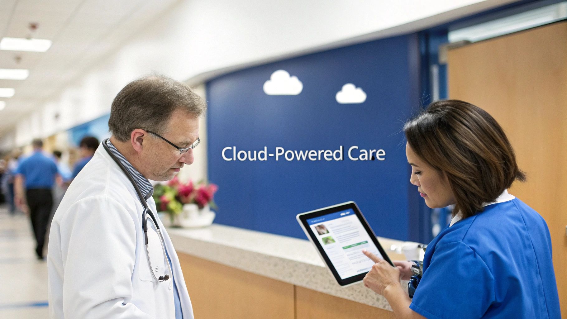 A doctor reviewing patient data on a tablet with cloud icons in the background.
