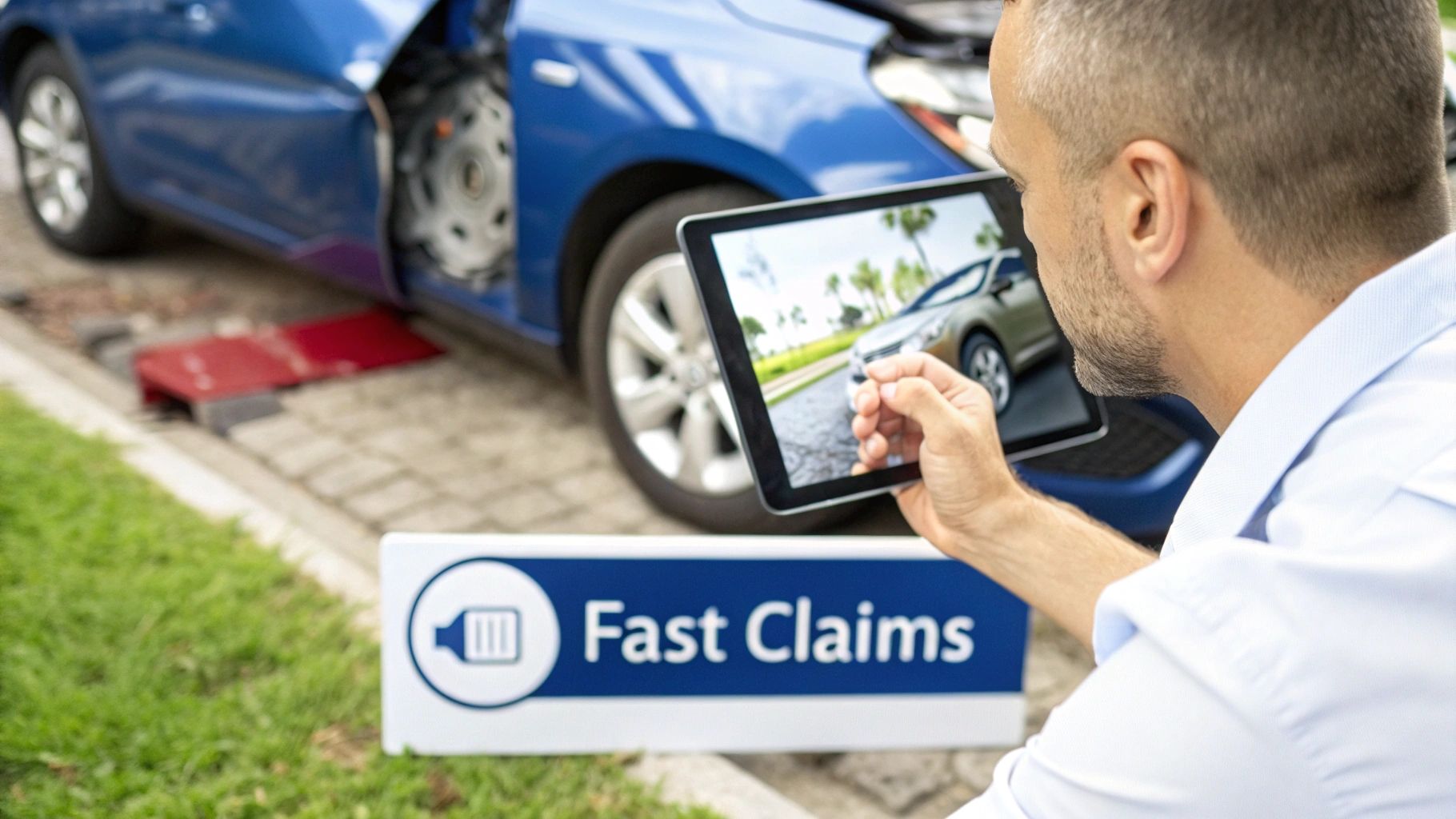 Man uses a tablet to process a car insurance claim next to a damaged blue car and a 'Fast Claims' sign.