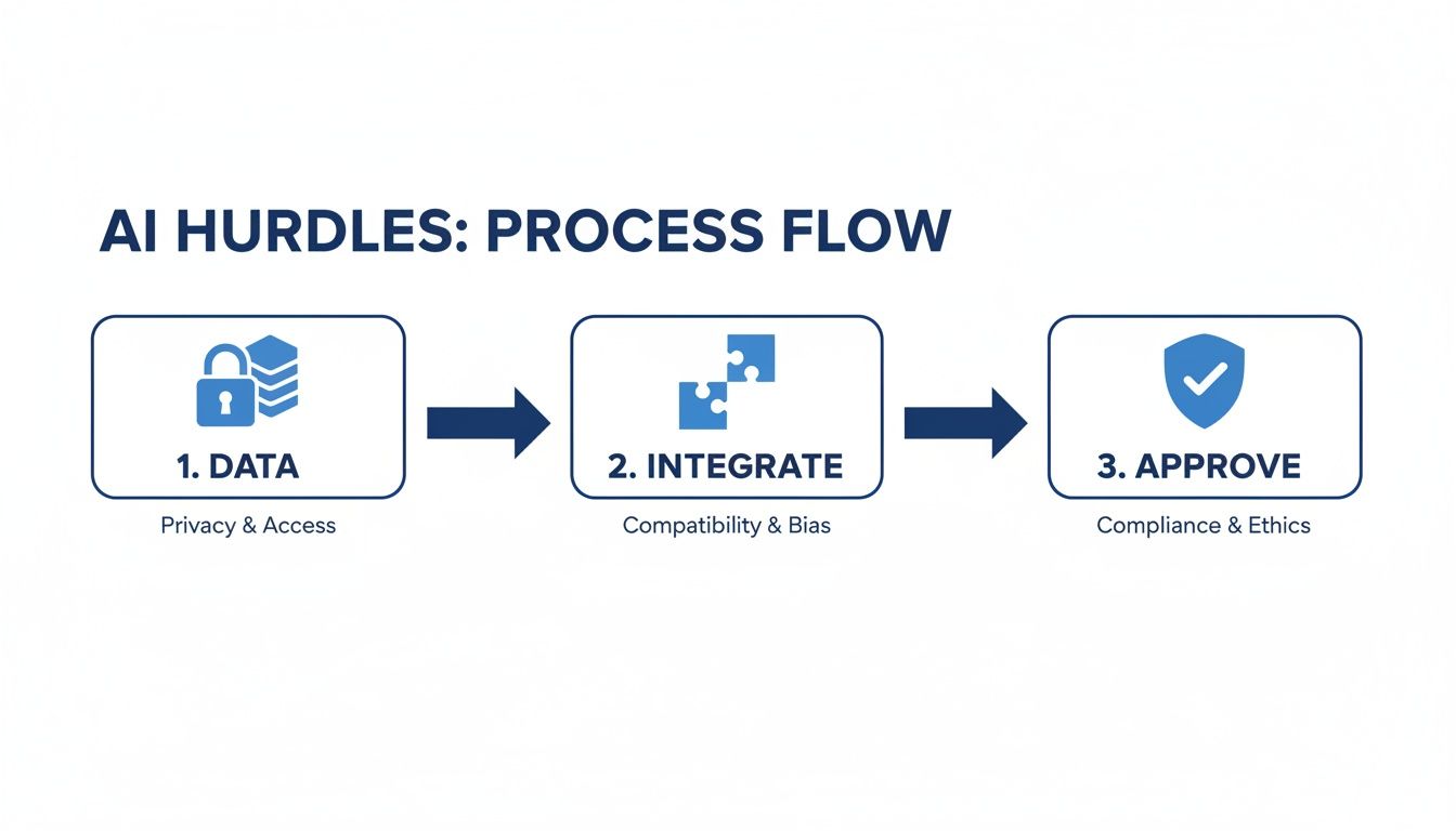 A diagram illustrating the AI hurdles process flow: Data, Integrate, and Approve, with key challenges.
