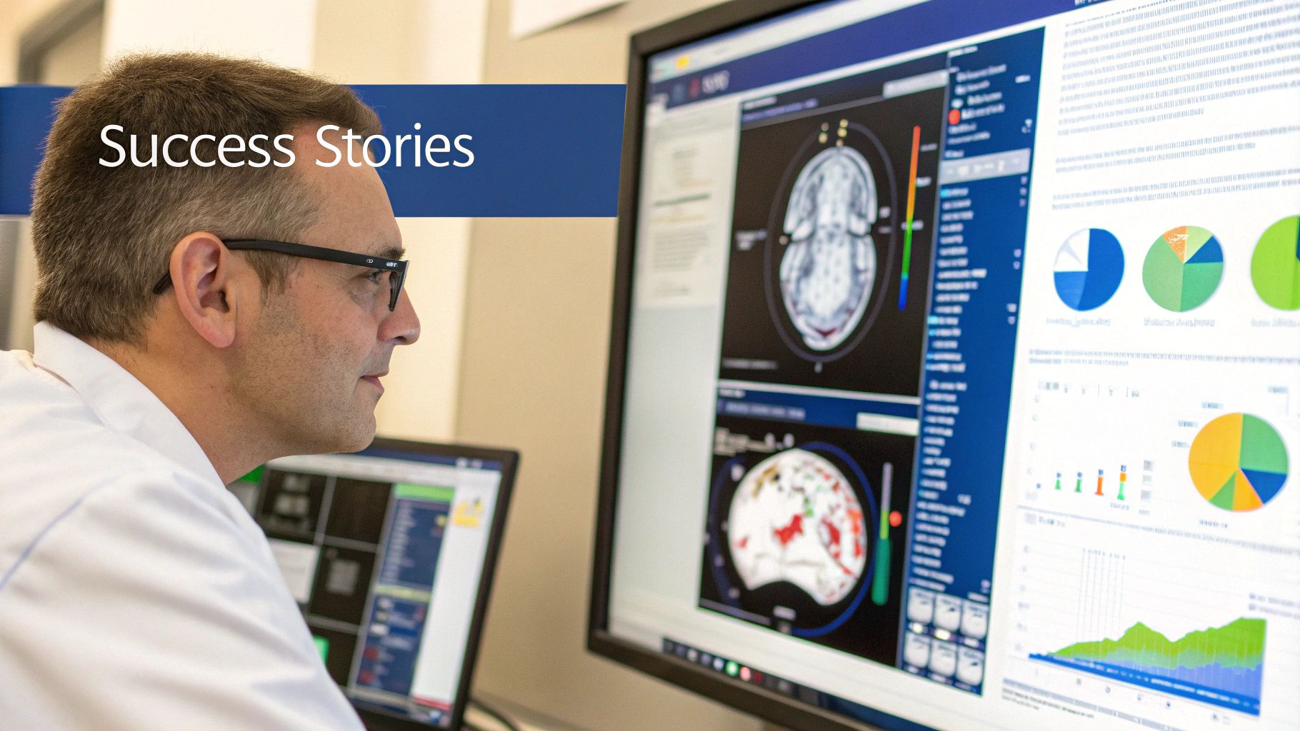 A Canadian doctor reviews a detailed medical scan on a large screen, with AI-generated data points highlighted.