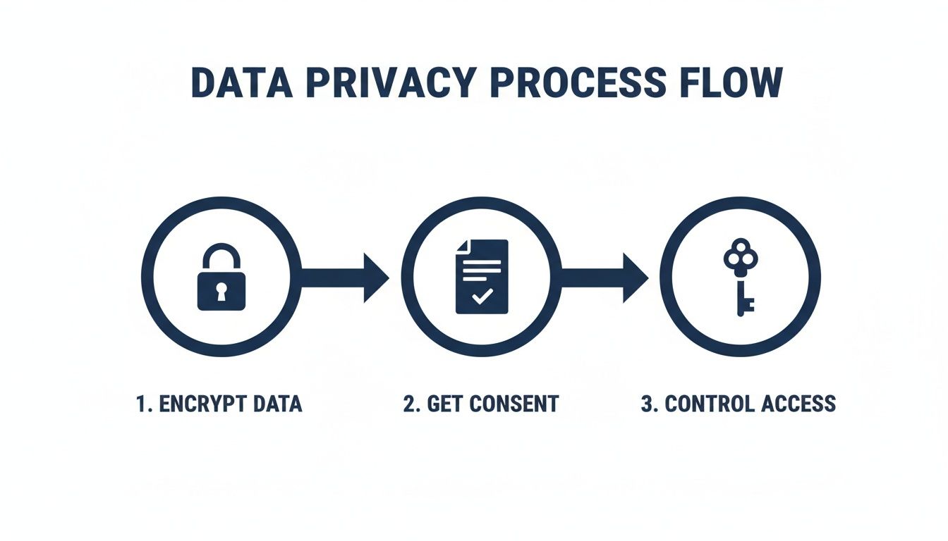 A data privacy process flow diagram outlining three essential steps: encrypt data, get consent, and control access.
