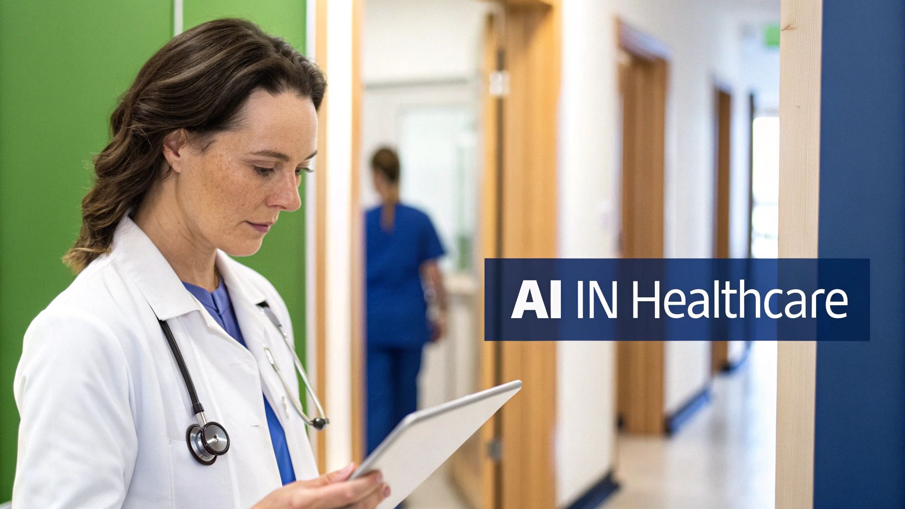 A doctor examining a brain scan with AI-powered overlays highlighting key areas.