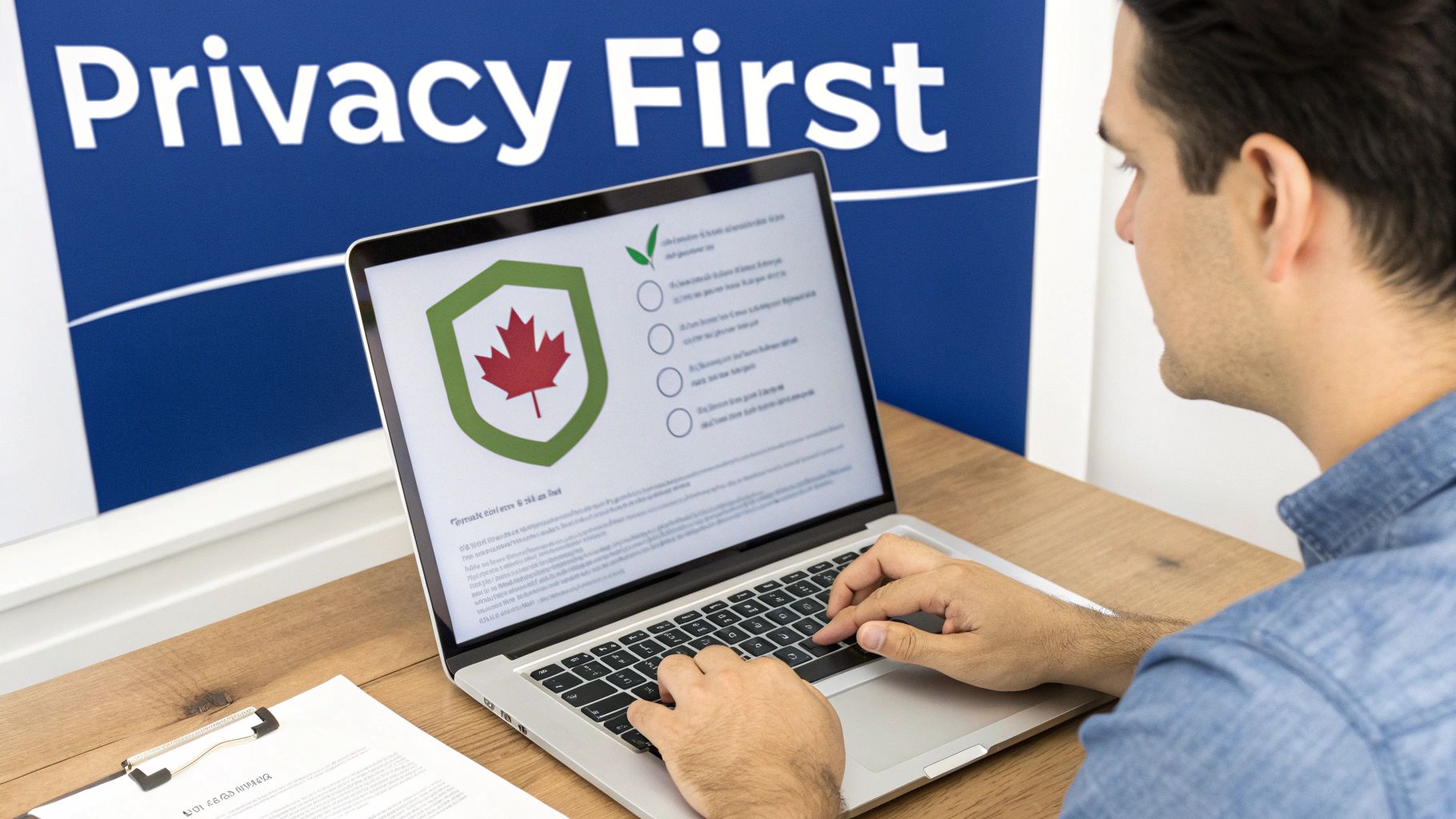 A man interacting with a laptop displaying a Canadian privacy shield and a 'Privacy First' sign.