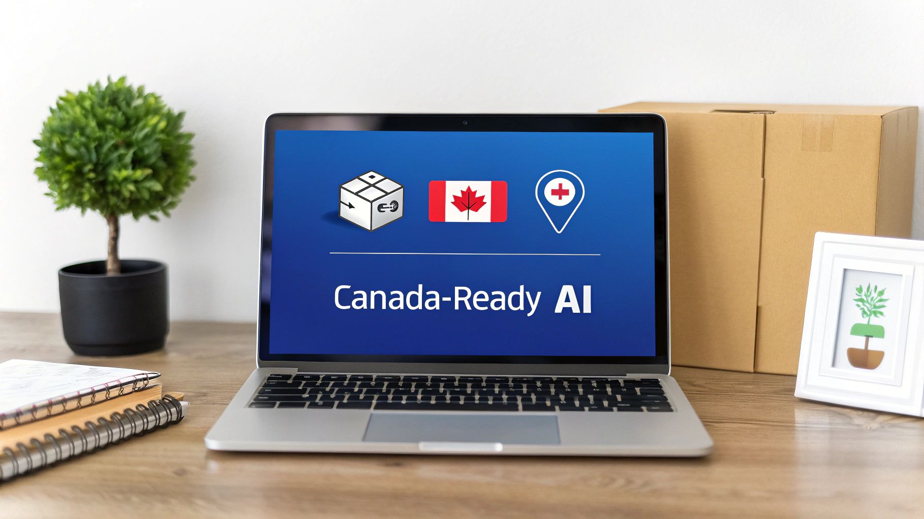 Laptop screen displaying 'Canada-Ready AI' with icons for delivery, the Canadian flag, and medical services.