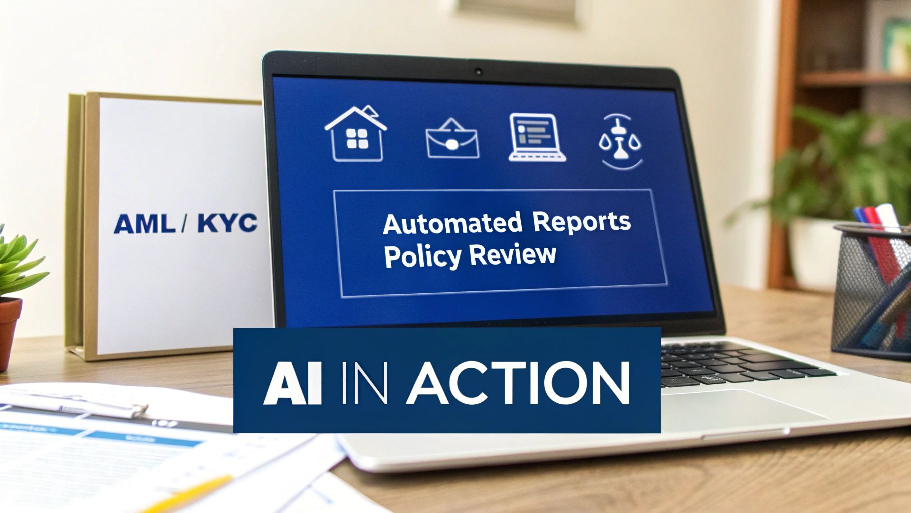 Laptop displaying 'Automated Reports Policy Review' with icons, next to an AML/KYC folder and 'AI IN ACTION' banner.