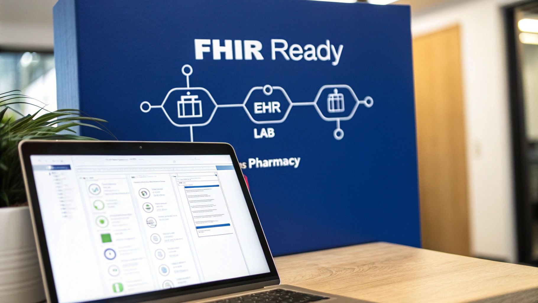 A laptop displaying a healthcare app interface with a blue 'FHIR Ready' banner, EHR, Lab, and Pharmacy.