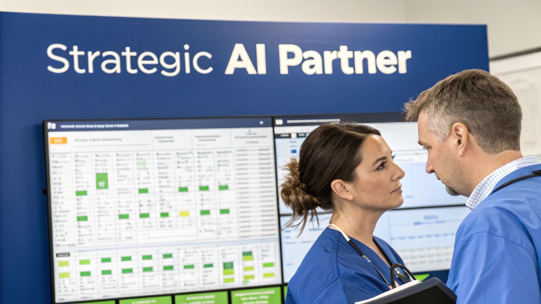 Two medical professionals discuss in front of data screens and a 'Strategic AI Partner' sign.