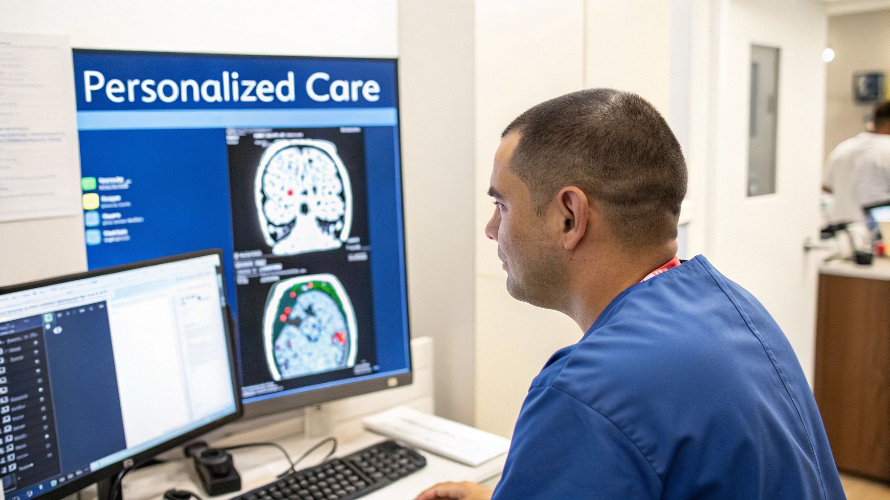 A medical professional in blue scrubs analyzes brain scans on a computer for personalized care.