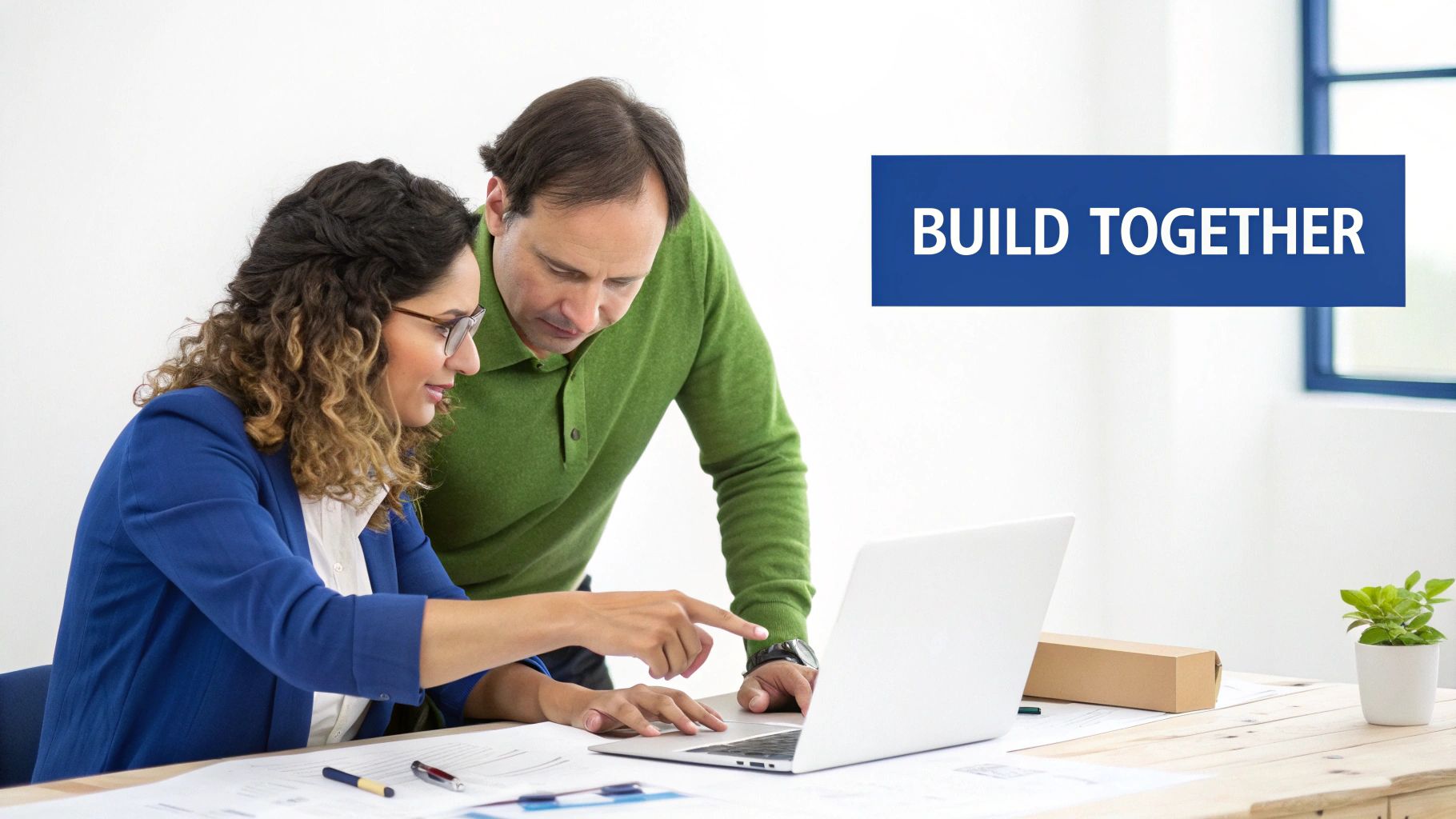 Two software developers collaborating over a computer screen, illustrating a co-development partnership